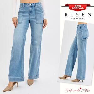 RISEN High Rise Waist Front Pockets Zip Fly Medium Wash Straight Leg Denim Jeans